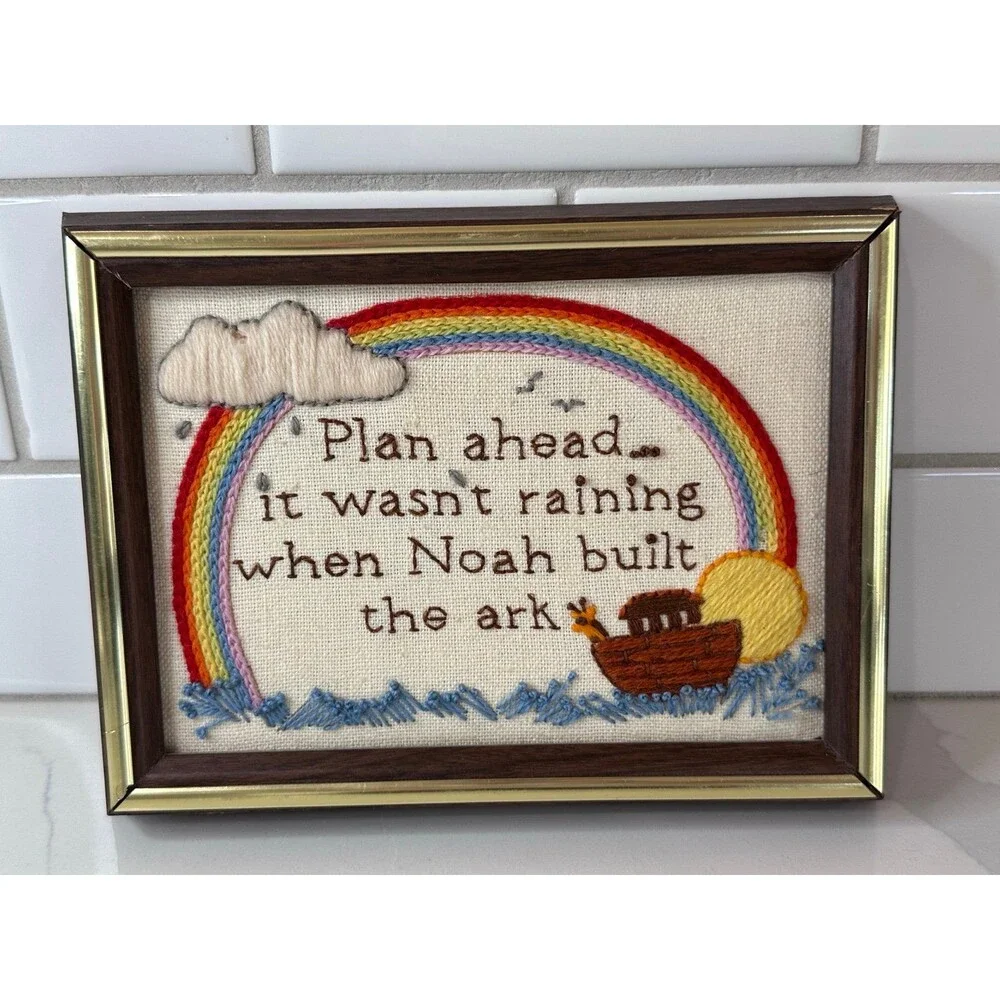 Vintage Handmade Framed Noah's Ark Embroidered Wall Art Rainbow Christian Decor